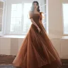 Vintage / Retro Brown Spotted Prom Dresses 2021 A-Line / Princess Square Neckline Puffy Short Sleeve Backless Floor-Length / Long Prom Formal Dresses