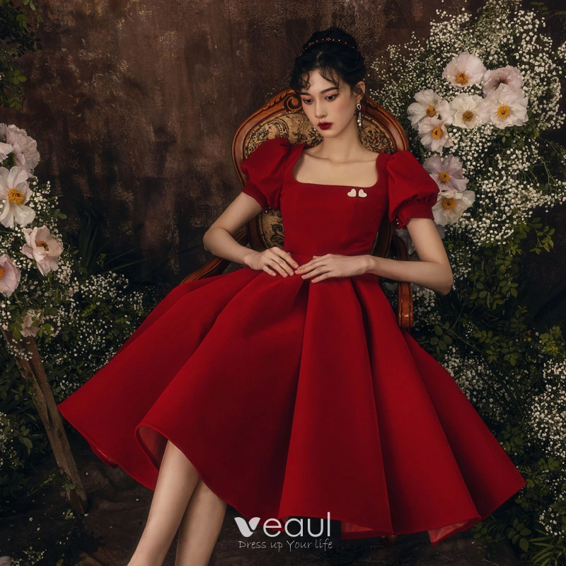 strapless open back dress Simple A Line Short Red Prom Dress, Red Satin Graduation Dress, Red Ho –  Shiny Party main image 1