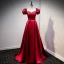Vintage / Retro Burgundy Satin Prom Dresses 2021 A-Line / Princess Rhinestone Square Neckline Cap Sleeves Backless Floor-Length / Long Formal Dresses