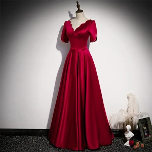 Vintage Originale Bordeaux Satin Robe De Bal 2021 Princesse Perle Encolure Carrée Manches Courtes Dos Nu Longue Promo Robe De Ceremonie