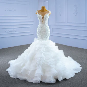 Vintage Retro High End Ivory Wedding Dresses 2021 Trumpet Mermaid Scoop Neck Beading Pearl Sequins Cap Sleeves Cascading Ruffles Chapel Train Wedding