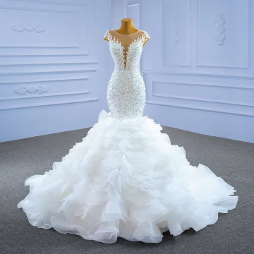 Vintage Originale Haut De Gamme Ivoire Robe De Mariée 2021 Trompette Sirène Encolure Dégagée Perlage Perle Paillettes Mancherons Volants En Cascade Chapel Train Mariage