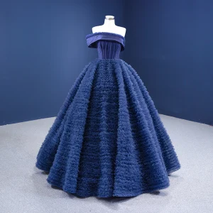 Vintage Retro Navy Blue Ruffle Prom Dresses 2021 Ball Gown Off The Shoulder Sleeveless Backless Floor Length Long Prom Formal Dresses