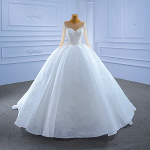 Elegant High End White Wedding Dresses 2021 Ball Gown Scoop Neck Beading Pearl Sequins Long Sleeve Chapel Train Wedding