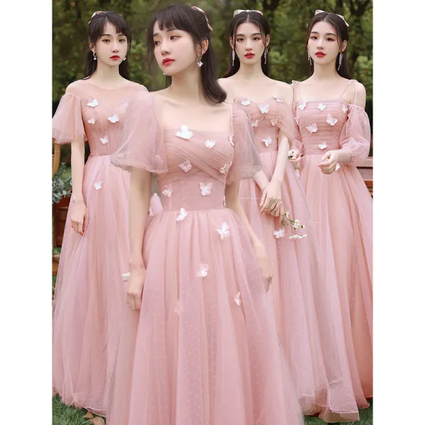 Chic / Beautiful Blushing Pink Lace Butterfly Bridesmaid Dresses 2021 A-Line / Princess Short Sleeve Backless Floor-Length / Long Bridesmaid Wedding Party Dresses