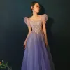 Vintage Fioletowe Sukienki Na Bal 2021 Princessa Kwadratowy Dekolt Frezowanie Kótkie Rękawy Bez Pleców Długie Bal Sukienki Wizytowe