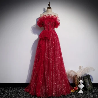Charmant Bordeaux Glitter Robe De Bal 2021 Princesse Bustier Perlage Faux Diamant Sans Manches Dos Nu Train De Balayage Promo Robe De Ceremonie