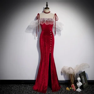 Charming Burgundy Pearl Suede Split Front Evening Dresses 2021 Trumpet Mermaid Spaghetti Straps Sleeveless Backless Evening Party Floor Length Long Formal Dresses