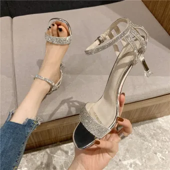 Sexy Argenté Faux Diamant Soirée Sandales Femme 2021 Bride Cheville 6 Cm Talons Aiguilles Peep Toes Bout Ouvert Sandales Talons Hauts