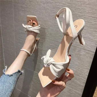 Fashion White Street Wear Bow Womens Sandals 2021 Ankle Strap 8 Cm Stiletto Heels Open Peep Toe Sandals High Heels