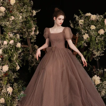 Vintage Originale Marron Tachetée Robe De Bal 2021 Princesse Encolure Carrée Manches Courtes Dos Nu Longue Promo Robe De Ceremonie