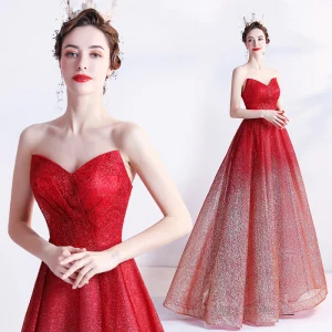 Charmant Dégradé De Couleur Rouge Robe De Bal 2021 Bustier Glitter Paillettes Sans Manches Dos Nu Longue Promo Robe De Ceremonie