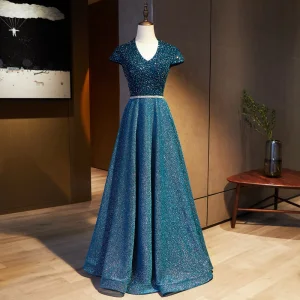 Vintage Originale Bleu Marine Robe De Bal 2021 Princesse V Cou Perlage Faux Diamant Paillettes Manches Courtes Dos Nu Longue Promo Robe De Ceremonie