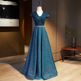 Vintage Originale Bleu Marine Robe De Bal 2021 Princesse V Cou Perlage Faux Diamant Paillettes Manches Courtes Dos Nu Longue Promo Robe De Ceremonie