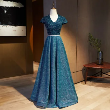 Vintage Originale Bleu Marine Robe De Bal 2021 Princesse V Cou Perlage Faux Diamant Paillettes Manches Courtes Dos Nu Longue Promo Robe De Ceremonie