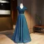Vintage Marineblau Ballkleider 2021 A Linie V-Ausschnitt Perlenstickerei Strass Pailletten Kurze Ärmel Rückenfreies Lange Ball Festliche Kleider