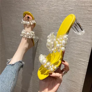 Mooie Prachtige Gele Straatkleding Parel Sandalen Dames 2021 7 Cm Kristal Dikke Hak Peep Toe Sandalen Hoge Hakken