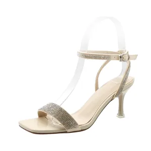 Sexy Beige Evening Party Rhinestone Womens Sandals 2021 6 Cm Stiletto Heels Open Peep Toe Sandals High Heels