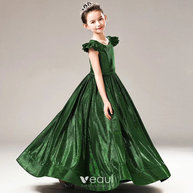 Chic / Beautiful Dark Green Sequins Evening Party Flower Girl Dresses 2021  A-Line / Princess Scoop Neck Cap Sleeves Zipper Up Floor-Length / Long