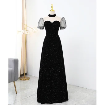 Élégant Noire Tachetée Paillettes Robe De Soirée 2021 Princesse Satin Col Haut Manches Courtes Dos Nu Longue Soirée Robe De Ceremonie