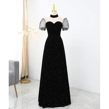 Élégant Noire Tachetée Paillettes Robe De Soirée 2021 Princesse Satin Col Haut Manches Courtes Dos Nu Longue Soirée Robe De Ceremonie