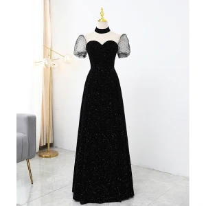 Elegant Black Spotted Sequins Evening Dresses 2021 A Line Princess Satin High Neck Short Sleeve Backless Floor Length Long Evening Party Formal Dresses