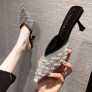Mooie Prachtige Zwarte Toevallig Parel Rhinestone Sandalen Dames 2021 6 Cm Naaldhakken Stiletto Spitse Neus Sandalen Hoge Hakken