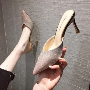 Charmant Champagne Vêtement De Rue Paillettes Sandales Femme 2021 8 Cm Talons Aiguilles À Bout Pointu Sandales Talons Hauts