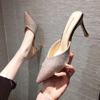 Charming Champagne Street Wear Sequins Womens Sandals 2021 8 Cm Stiletto Heels Pointed Toe Sandals High Heels