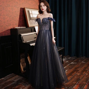 Vintage Retro Navy Blue Prom Dresses 2021 A Line Princess Off The Shoulder Beading Sequins Sleeveless Backless Floor Length Long Prom Formal Dresses