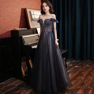 Vintage Originale Bleu Marine Robe De Bal 2021 Princesse De L 039 Épaule Perlage Paillettes Sans Manches Dos Nu Longue Promo Robe De Ceremonie