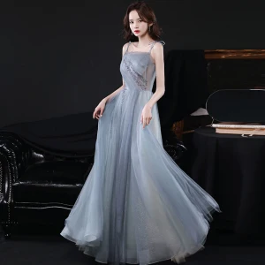Chic Belle Bleu Ciel Gris Paillettes Robe De Bal 2021 Princesse Bretelles Spaghetti Sans Manches Dos Nu Longue Promo Robe De Ceremonie