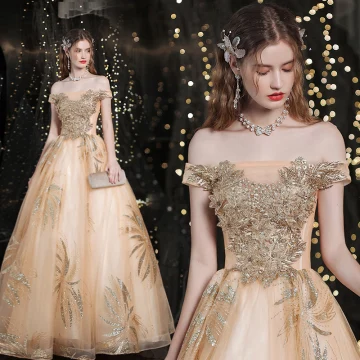 Charmant Doré Robe De Bal 2021 Princesse De L 039 Épaule Perlage Paillettes En Dentelle Fleur Sans Manches Dos Nu Longue Promo Robe De Ceremonie