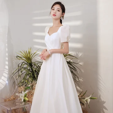 Simple Vintage Originale Ivoire Satin Robe De Mariée 2021 Princesse Perle Encolure Carrée Manches Courtes Dos Nu Longue Mariage