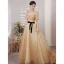 Fashion Yellow Spotted Prom Dresses 2021 A-Line / Princess Square Neckline Short Sleeve Bow Backless Floor-Length / Long Prom Formal Dresses