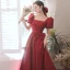 Elegant Burgundy Satin Prom Dresses 2021 A-Line / Princess Square Neckline Short Sleeve Bow Backless Floor-Length / Long Prom Formal Dresses