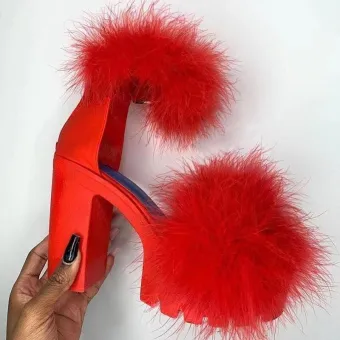 Amazing Unique Affordable Red Casual Plush Womens Sandals 2021 Ankle Strap 11 Cm Thick Heels Open Peep Toe Sandals High Heels
