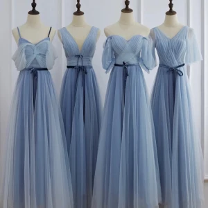 Simple Bleu Ciel Robe Demoiselle D Honneur 2021 Princesse Manches Courtes Ceinture Noeud Longue Demoiselle D Honneur Robe Pour Mariage