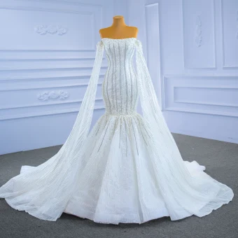High End White Wedding Dresses 2021 Trumpet Mermaid Strapless Beading Pearl Sequins Sleeveless Backless Royal Train Wedding