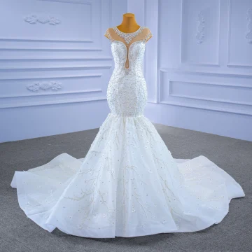 Haut De Gamme Blanche Robe De Mariée 2021 Trompette Sirène Encolure Dégagée Cristal Faux Diamant Mancherons Cathedral Train Mariage