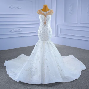 High End White Wedding Dresses 2021 Trumpet Mermaid Scoop Neck Crystal Rhinestone Cap Sleeves Cathedral Train Wedding