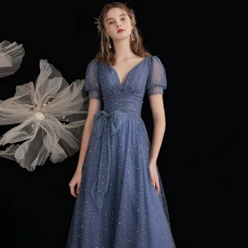 Mode Océan Bleu Glitter Ciel Étoilé Robe De Bal 2021 Princesse V Cou Perlage Perle Paillettes Manches Courtes Noeud Dos Nu Promo