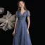 Fashion Ocean Blue Glitter Starry Sky Prom Dresses 2021 A-Line / Princess V-Neck Beading Pearl Sequins Short Sleeve Bow Backless Prom