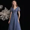 Fashion Ocean Blue Glitter Starry Sky Prom Dresses 2021 A-Line / Princess V-Neck Beading Pearl Sequins Short Sleeve Bow Backless Prom