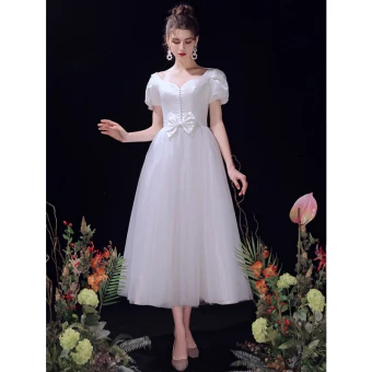Simple Ivoire Robe De Mariée 2021 Princesse Noeud V Cou Manches Courtes Dos Nu Thé Longueur Mariage
