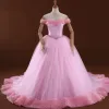 Romantic Candy Pink Ball Gown Corset Wedding Dresses 2017 Off-The-Shoulder Short Sleeve Backless Tulle Flower Cathedral Train