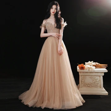 Charmant Champagne Robe De Bal 2021 Princesse De L 039 Épaule Perlage Faux Diamant Paillettes Manches Courtes Dos Nu Longue Robe De Ceremonie