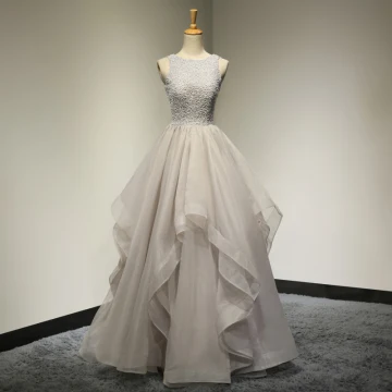 Chic Beautiful Grey Prom Dresses 2017 Formal Dresses Evening Dresses A Line Princess Scoop Neck Sleeveless Beading Ruffle Backless Organza