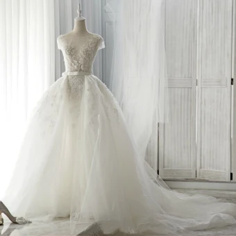 Chic Beautiful Ivory Wedding Dresses 2017 Short Sleeve Appliques Lace Backless Ruffle Tulle Sash Detachable Court Train