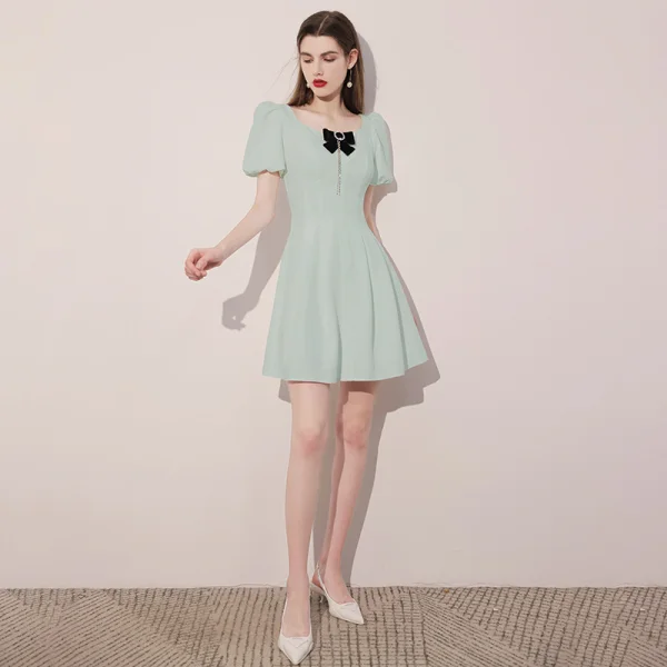 Fashion Sage Green Homecoming Short Graduation Dresses 2021 A-Line Princess Square Bow